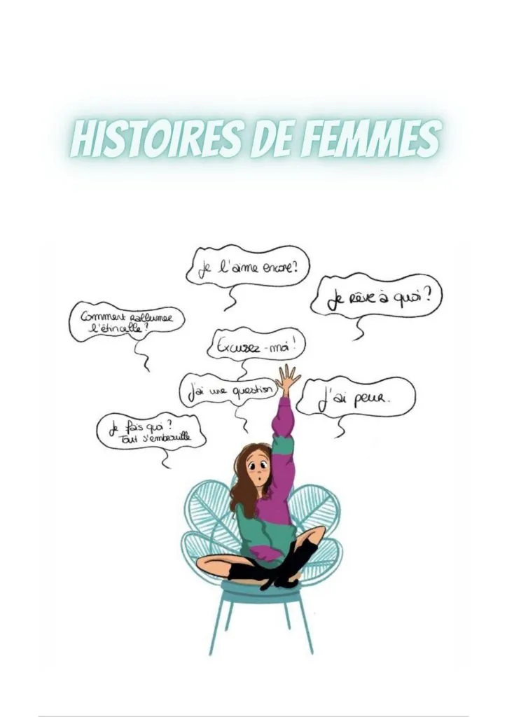Affiche de l'atelier Histoires de femmes : une femme dans un fauteuil entourée de bulles de pensées