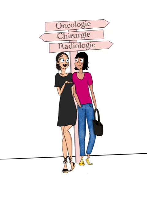 Illustration : Vanessa accompagne une patiente vers l'oncologie, la chirurgie ou la radiologie