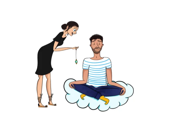 Illustration : Vanessa tient un pendule au-dessus d'un homme assis en tailleur sur un nuage